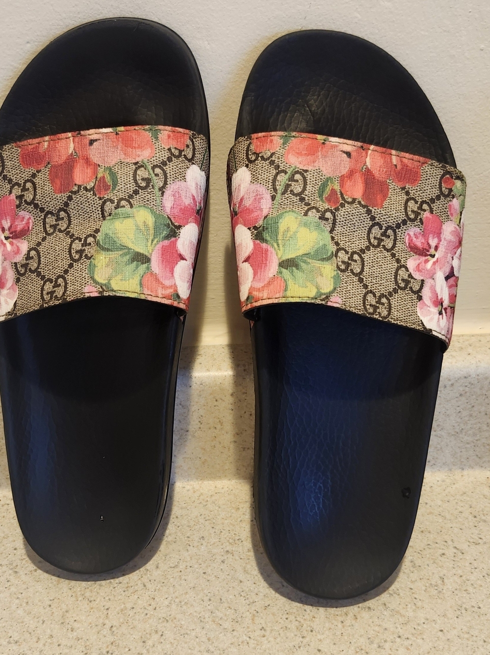 Gucci Black Slide Sandals with Floral GG Strap